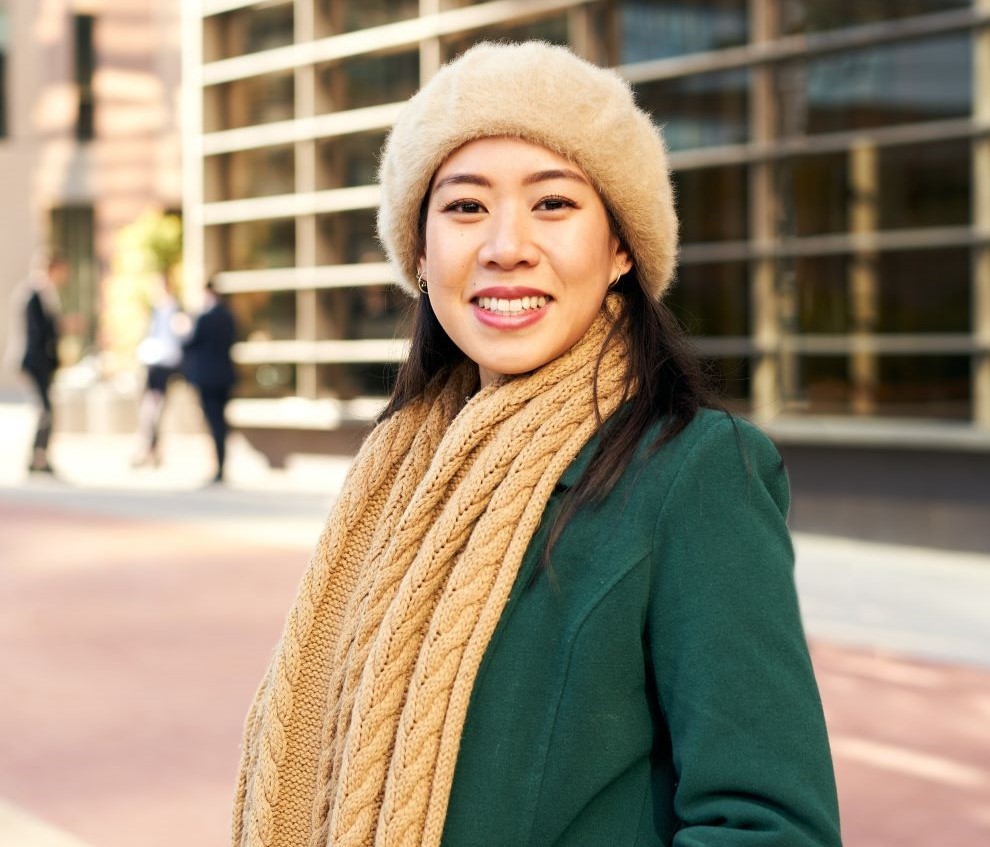 Woman outside of office in business outfit, winter, Kaiser Prescribers